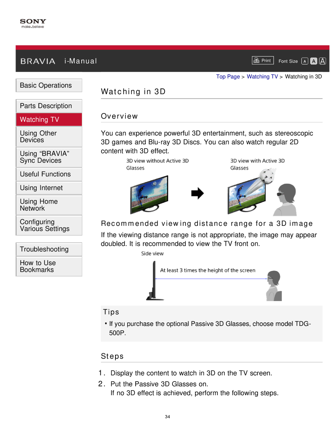 Sony KDL-65S990A manual Watching in 3D, Recommended viewing distance range for a 3D image 