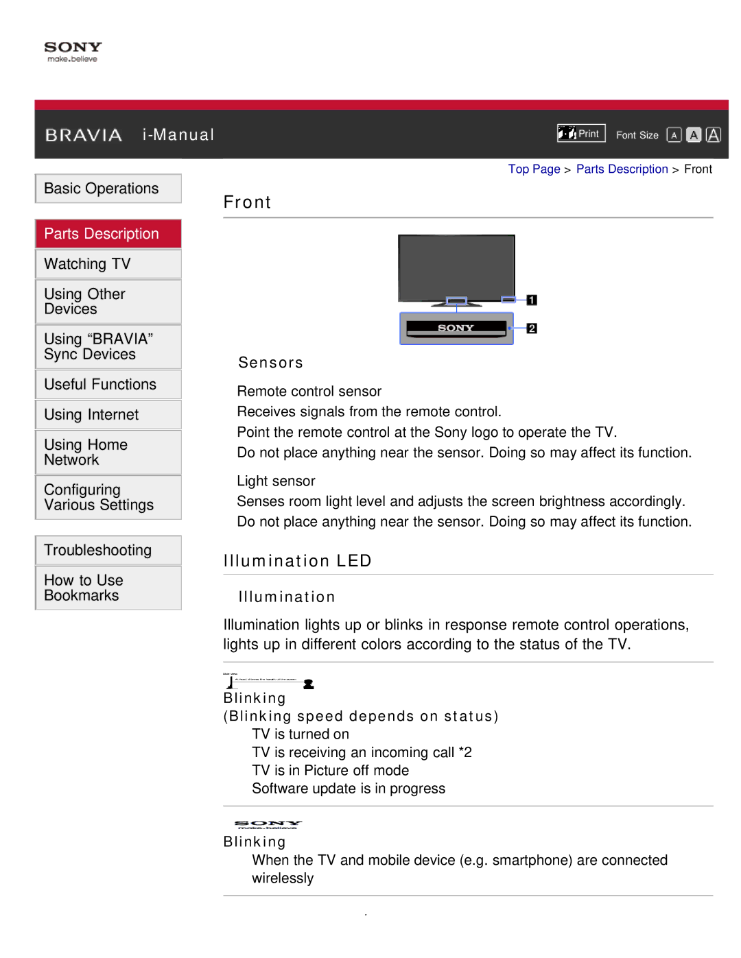 Sony KDL-65S990A manual Front, Illumination LED, Sensors, Blinking 