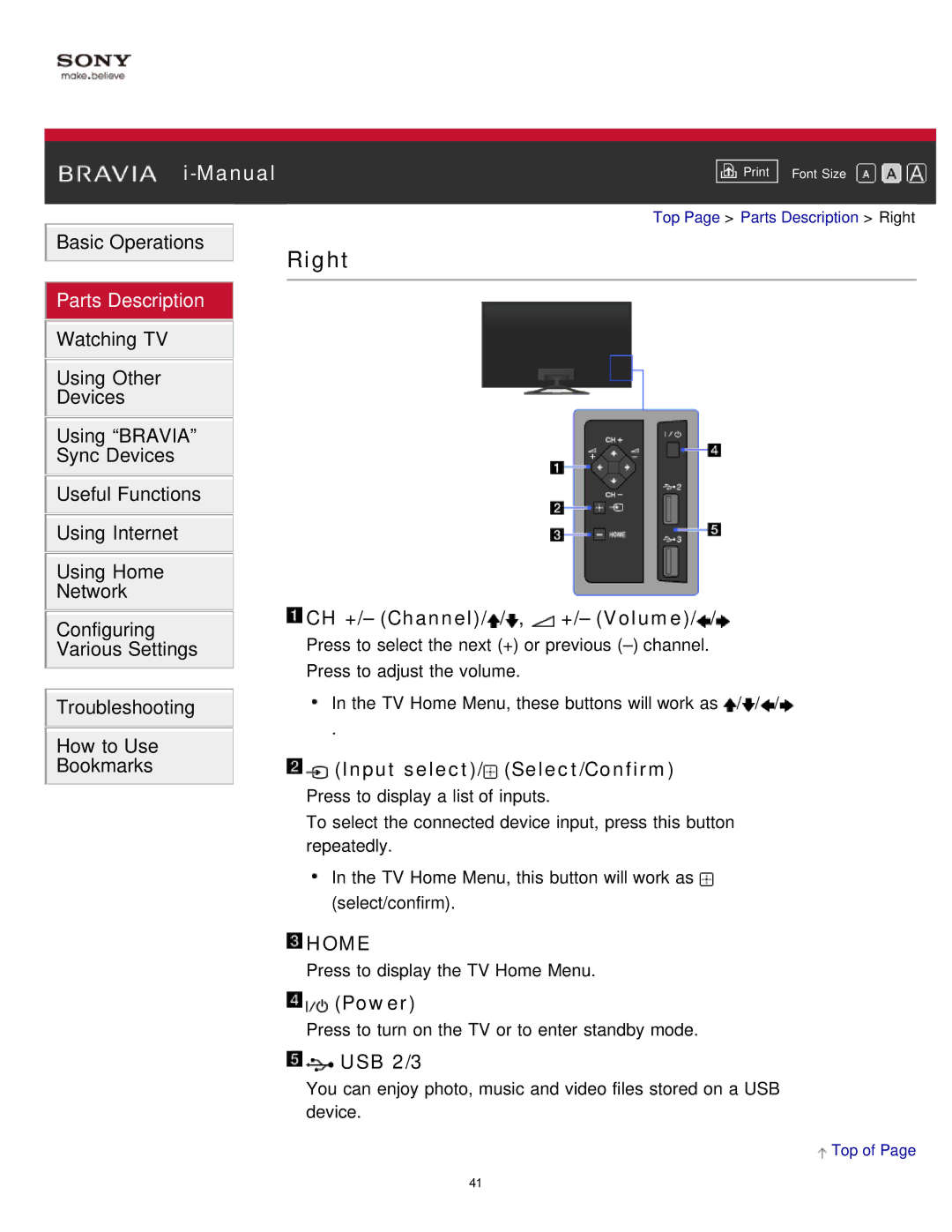 Sony KDL-65S990A manual Right, CH +/- Channel/ / , +/- Volume, Input select/ Select/Confirm, Power, USB 2/3 