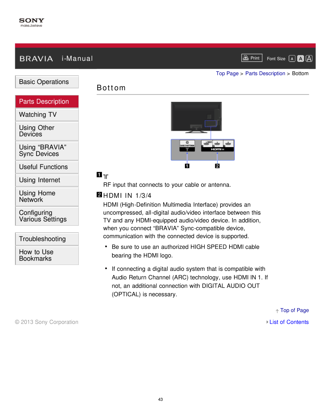 Sony KDL-65S990A manual Bottom, Hdmi in 1/3/4 