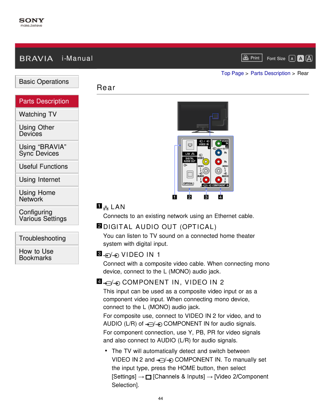 Sony KDL-65S990A manual Rear, Lan, Video 