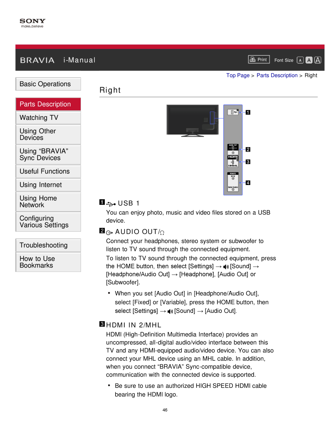 Sony KDL-65S990A manual Usb, Audio OUT 