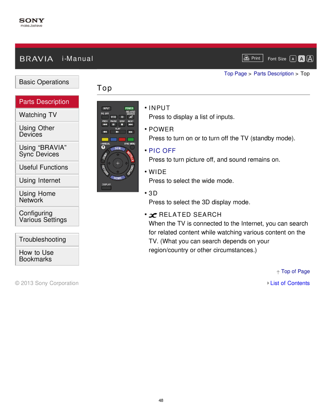 Sony KDL-65S990A manual Top, Pic Off 