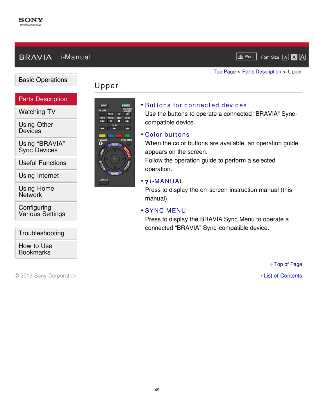 Sony KDL-65S990A manual Upper, Sync Menu 