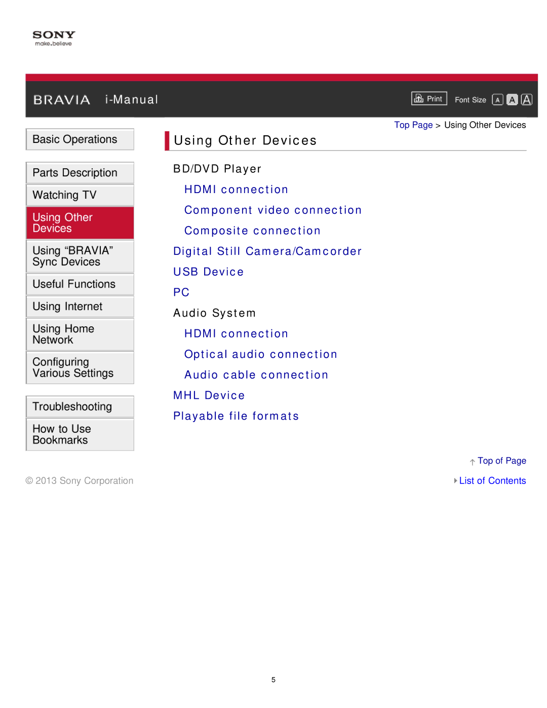 Sony KDL-65S990A manual Using Other Devices 