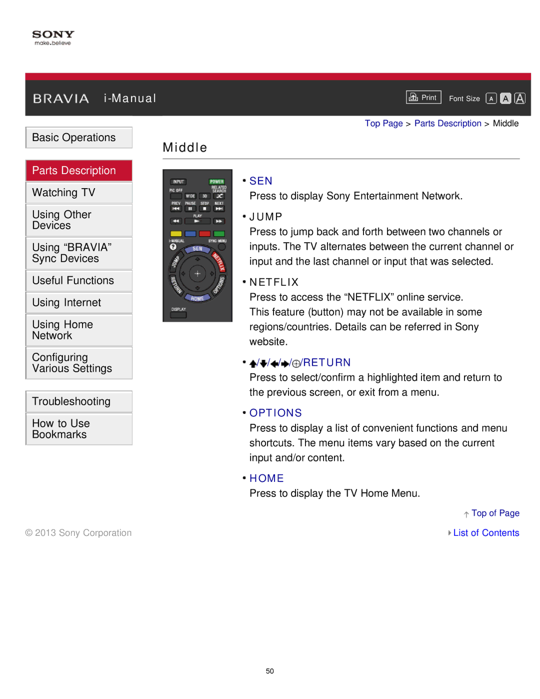 Sony KDL-65S990A manual Middle, Jump 