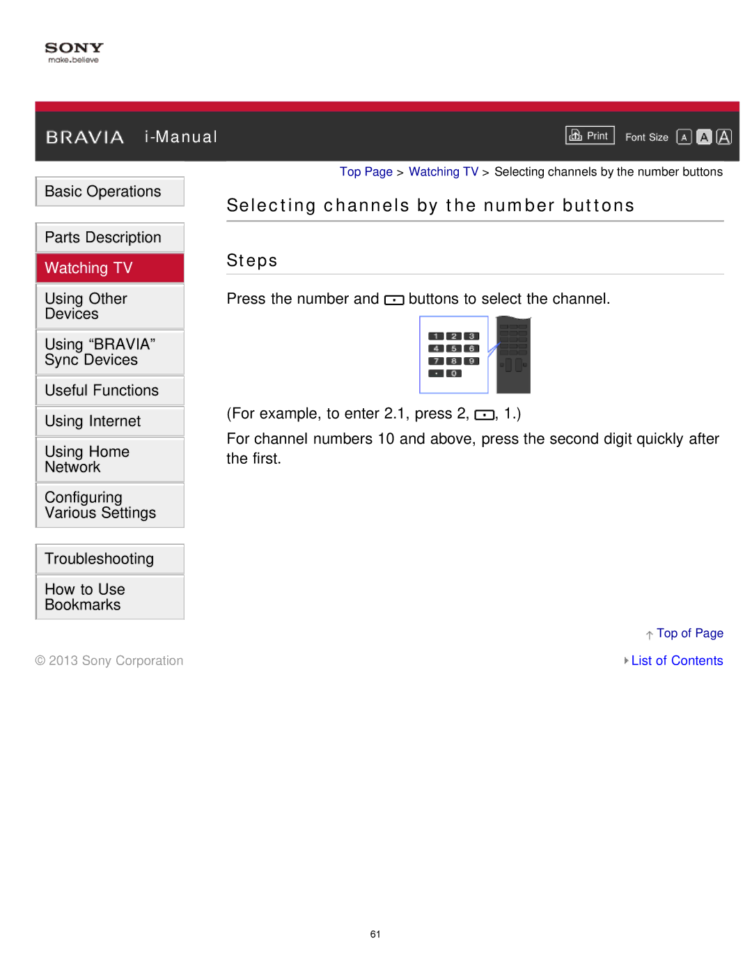 Sony KDL-65S990A manual Selecting channels by the number buttons 