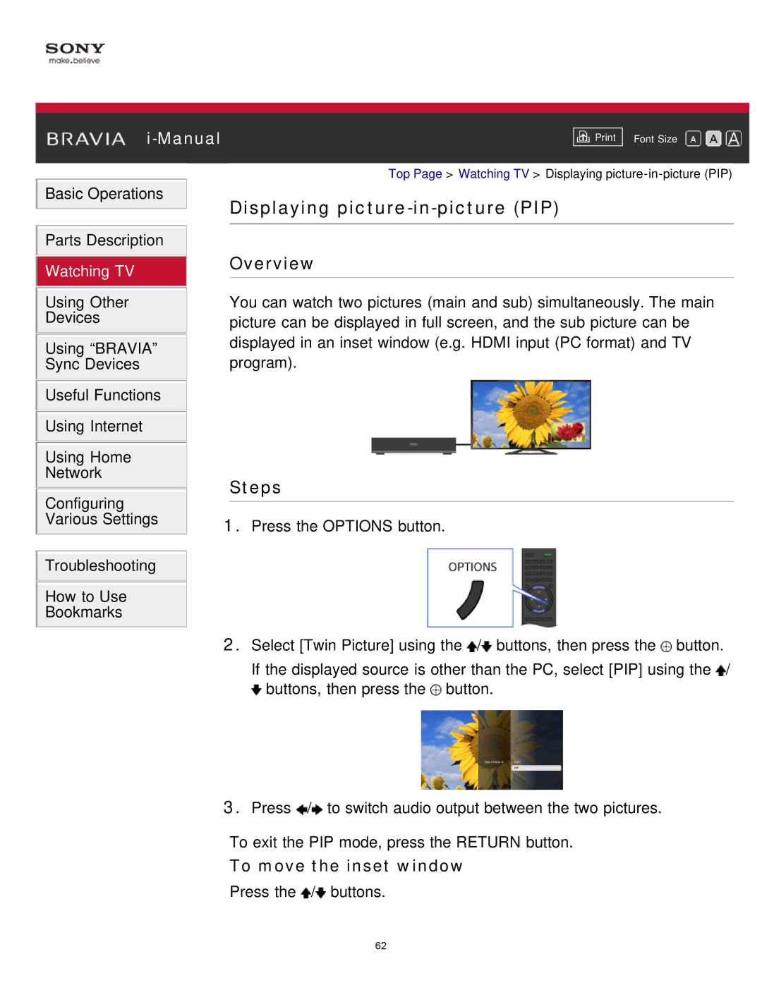 Sony KDL-65S990A manual Displaying picture-in-picture PIP, To move the inset window 