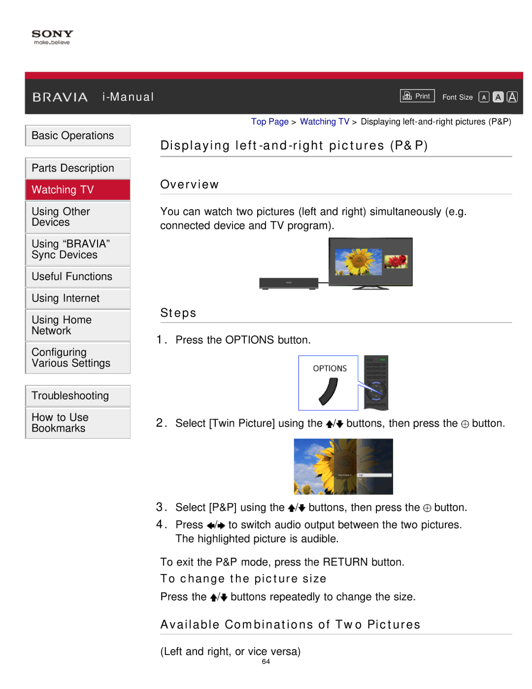 Sony KDL-65S990A manual Displaying left-and-right pictures P&P, To change the picture size 