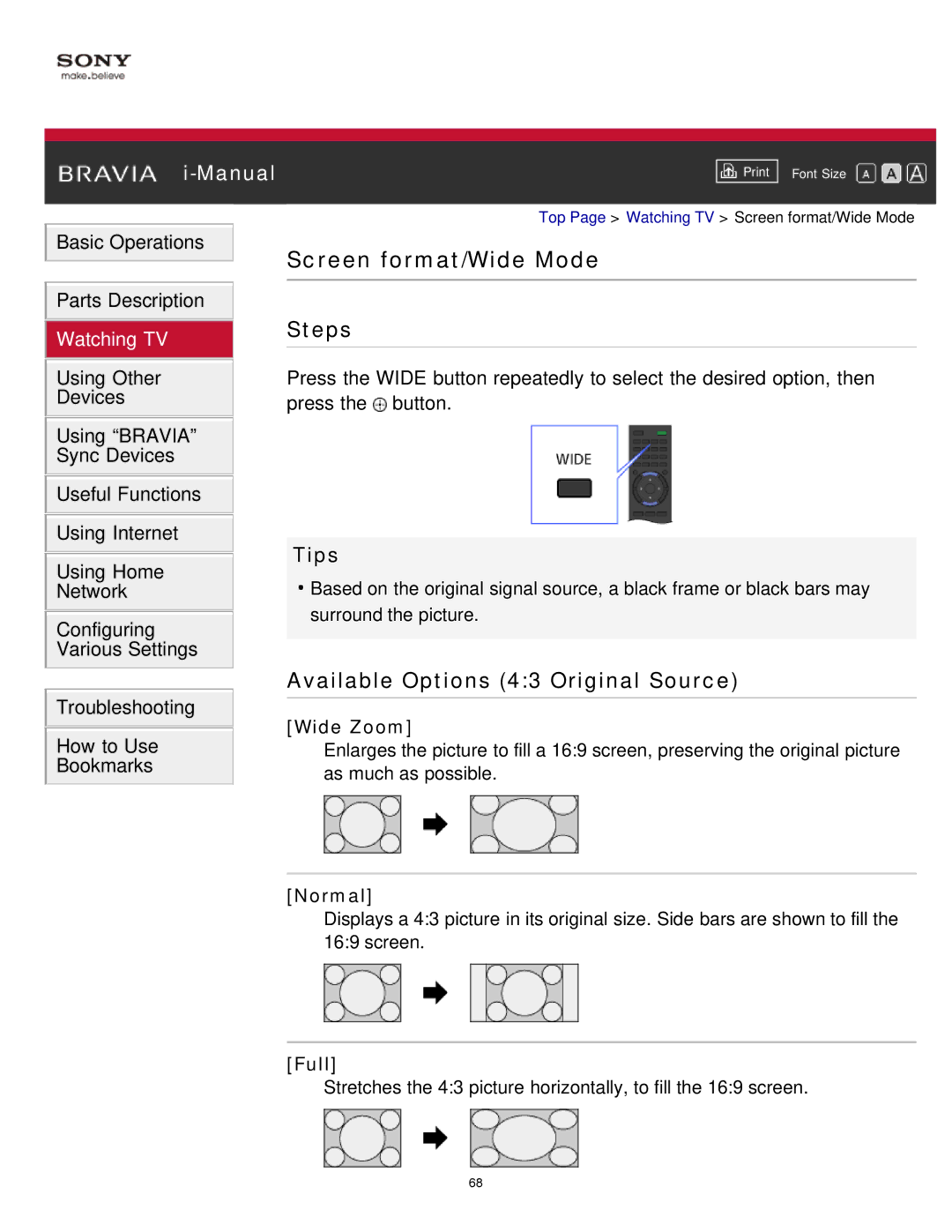 Sony KDL-65S990A manual Screen format/Wide Mode, Available Options 43 Original Source, Wide Zoom, Normal, Full 