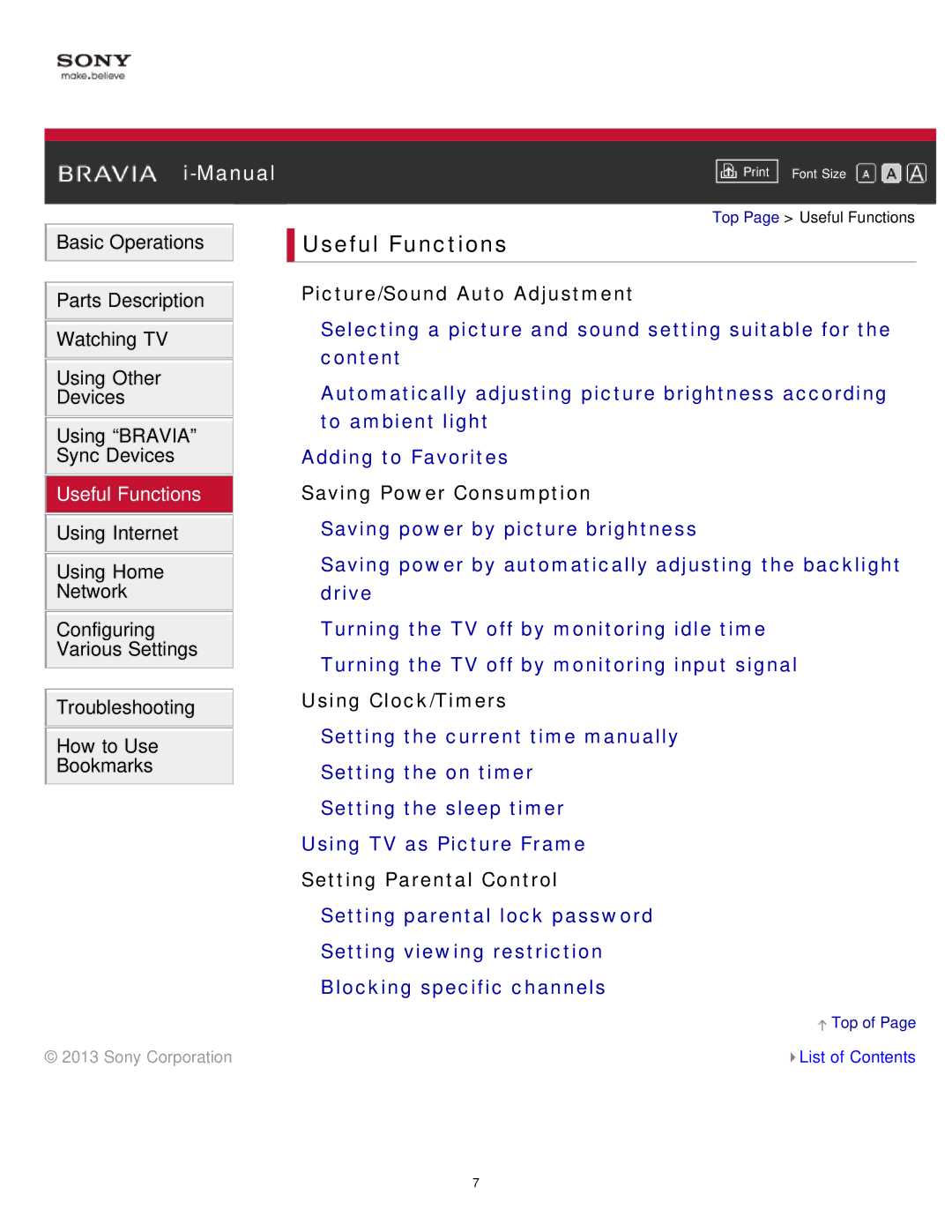 Sony KDL-65S990A manual Useful Functions, Picture/Sound Auto Adjustment, Using Clock/Timers 