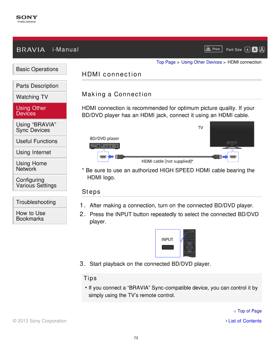 Sony KDL-65S990A manual Hdmi connection, Making a Connection 