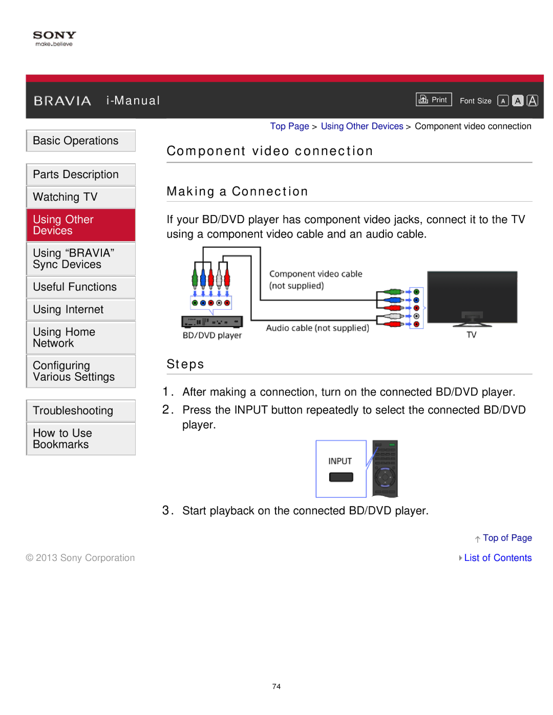 Sony KDL-65S990A manual Component video connection 