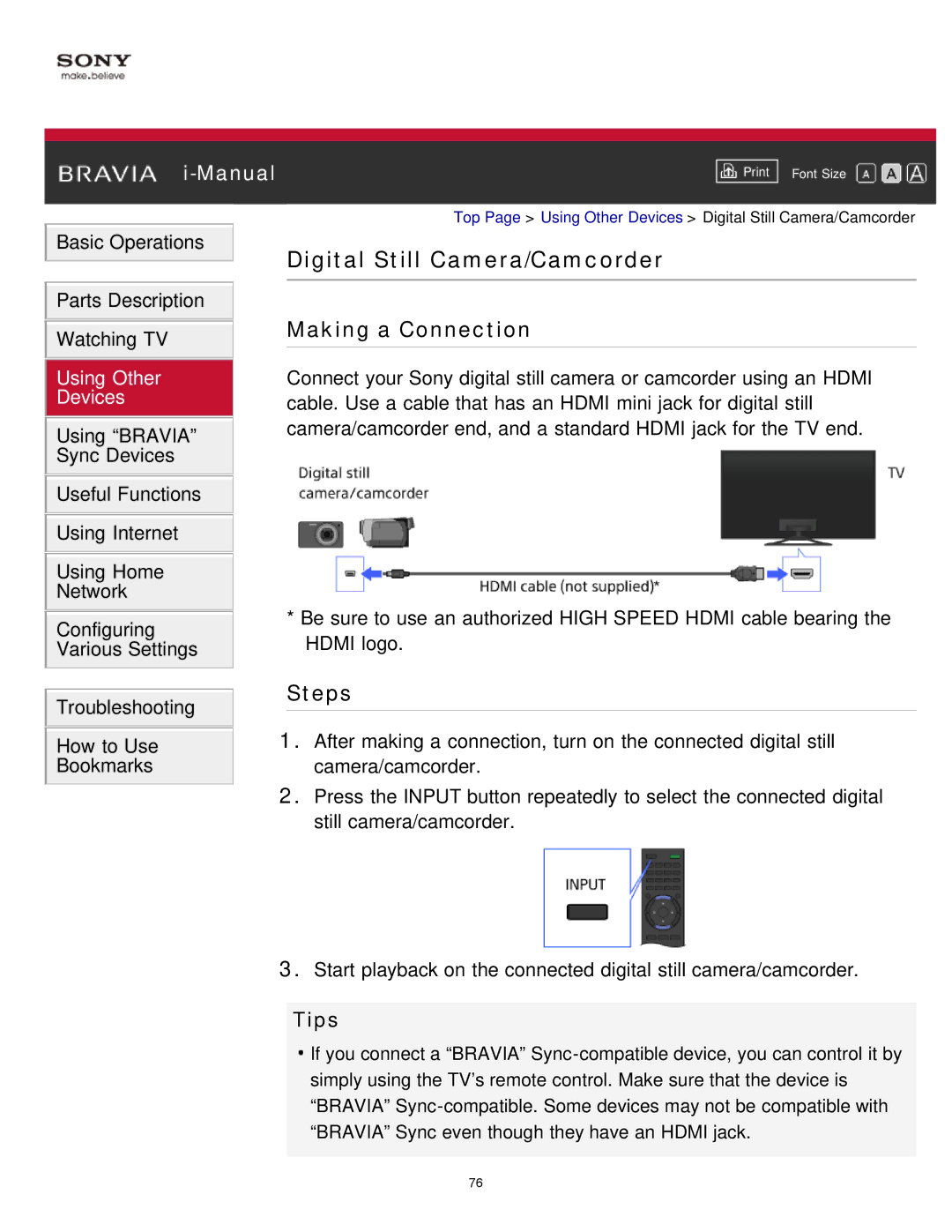 Sony KDL-65S990A manual Digital Still Camera/Camcorder, Tips 