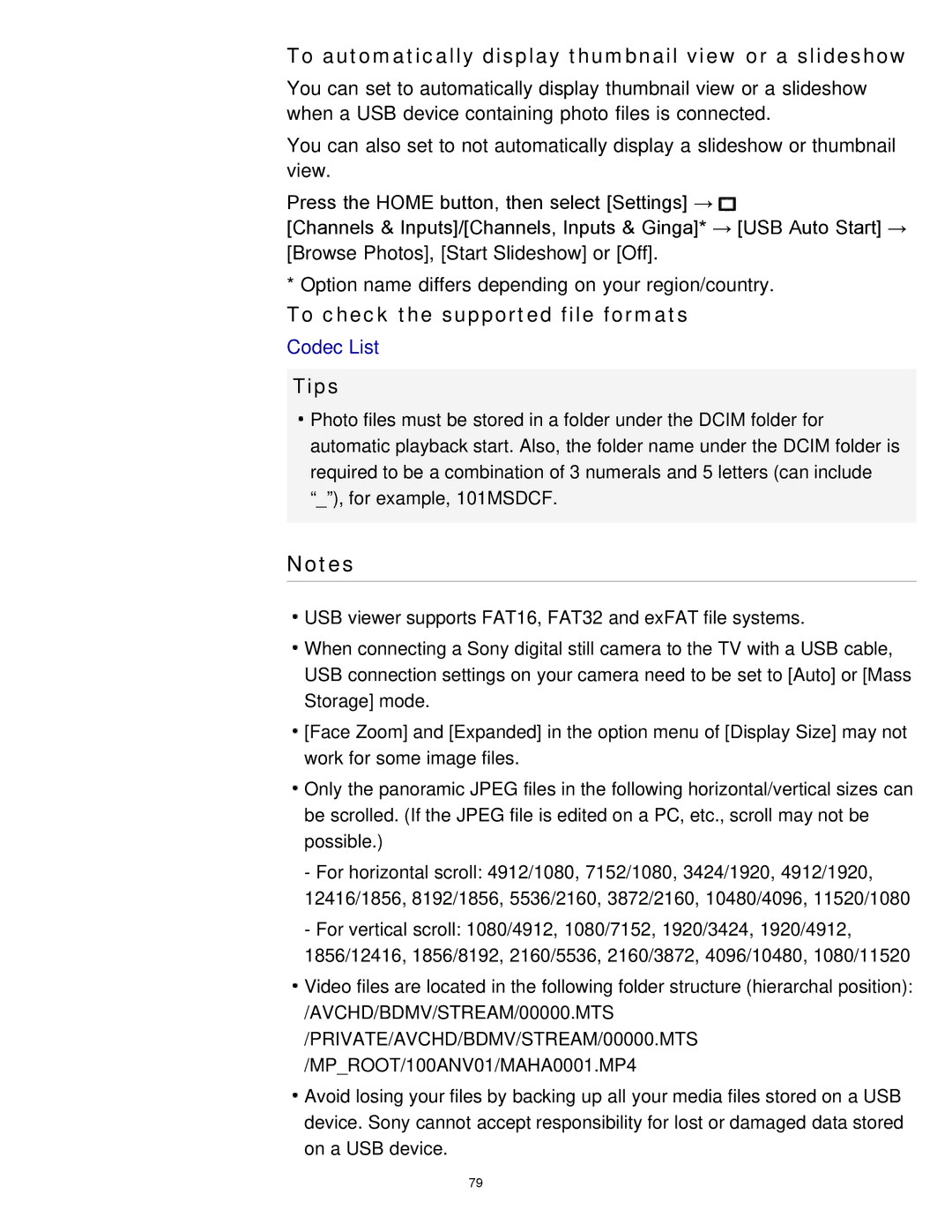 Sony KDL-65S990A manual To automatically display thumbnail view or a slideshow, To check the supported file formats 