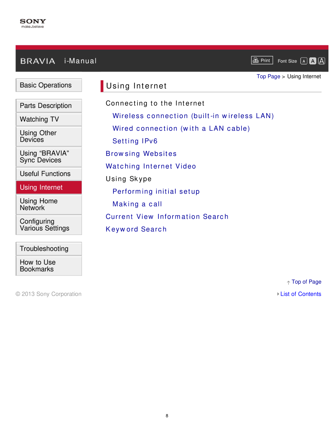 Sony KDL-65S990A manual Using Internet, Connecting to the Internet 