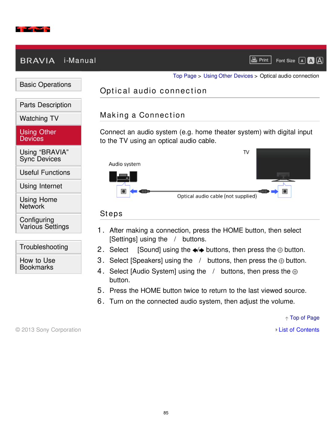 Sony KDL-65S990A manual Optical audio connection 