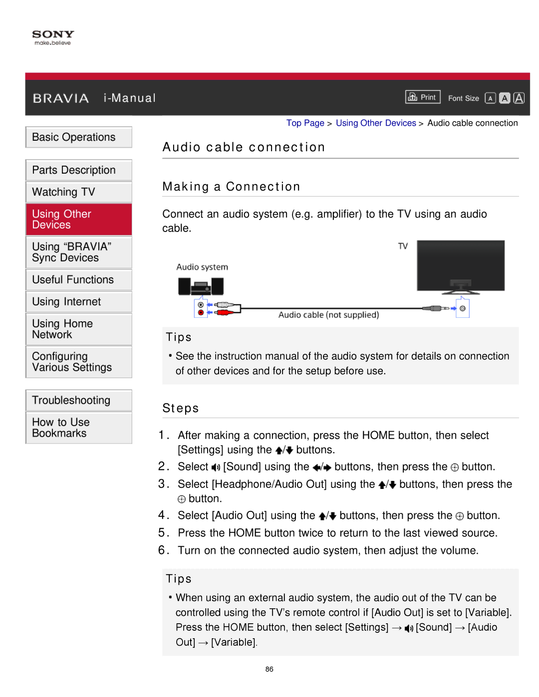 Sony KDL-65S990A manual Audio cable connection 