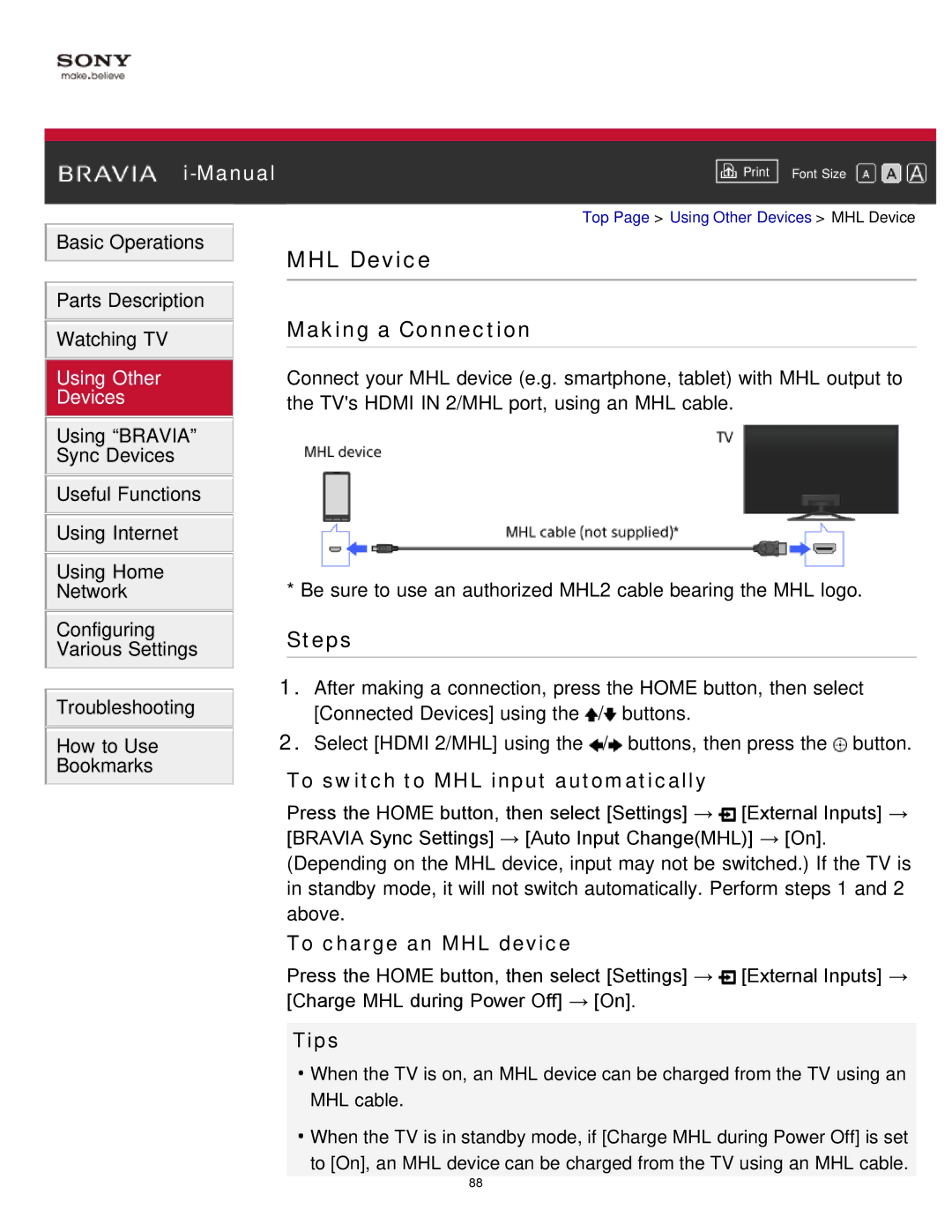 Sony KDL-65S990A manual MHL Device, To switch to MHL input automatically, To charge an MHL device 