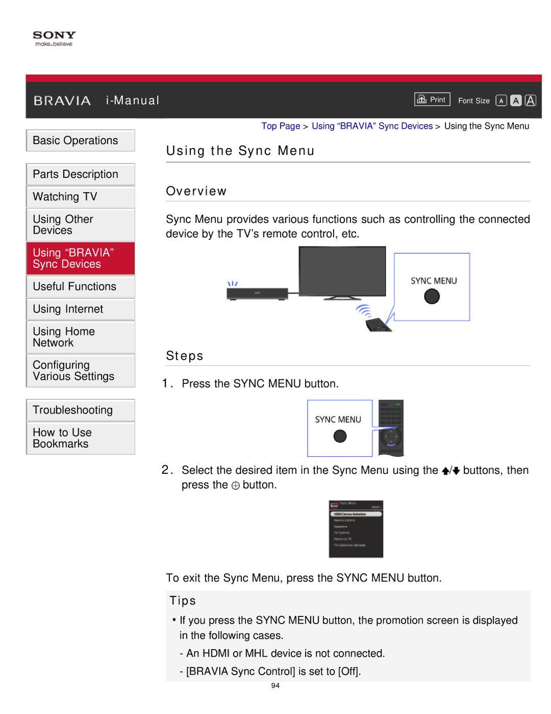 Sony KDL-65S990A manual Using the Sync Menu, Overview 