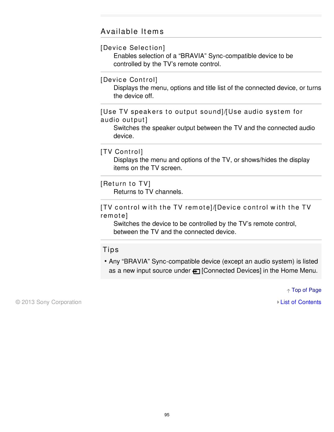 Sony KDL-65S990A manual Available Items, Device Selection, Device Control, TV Control 