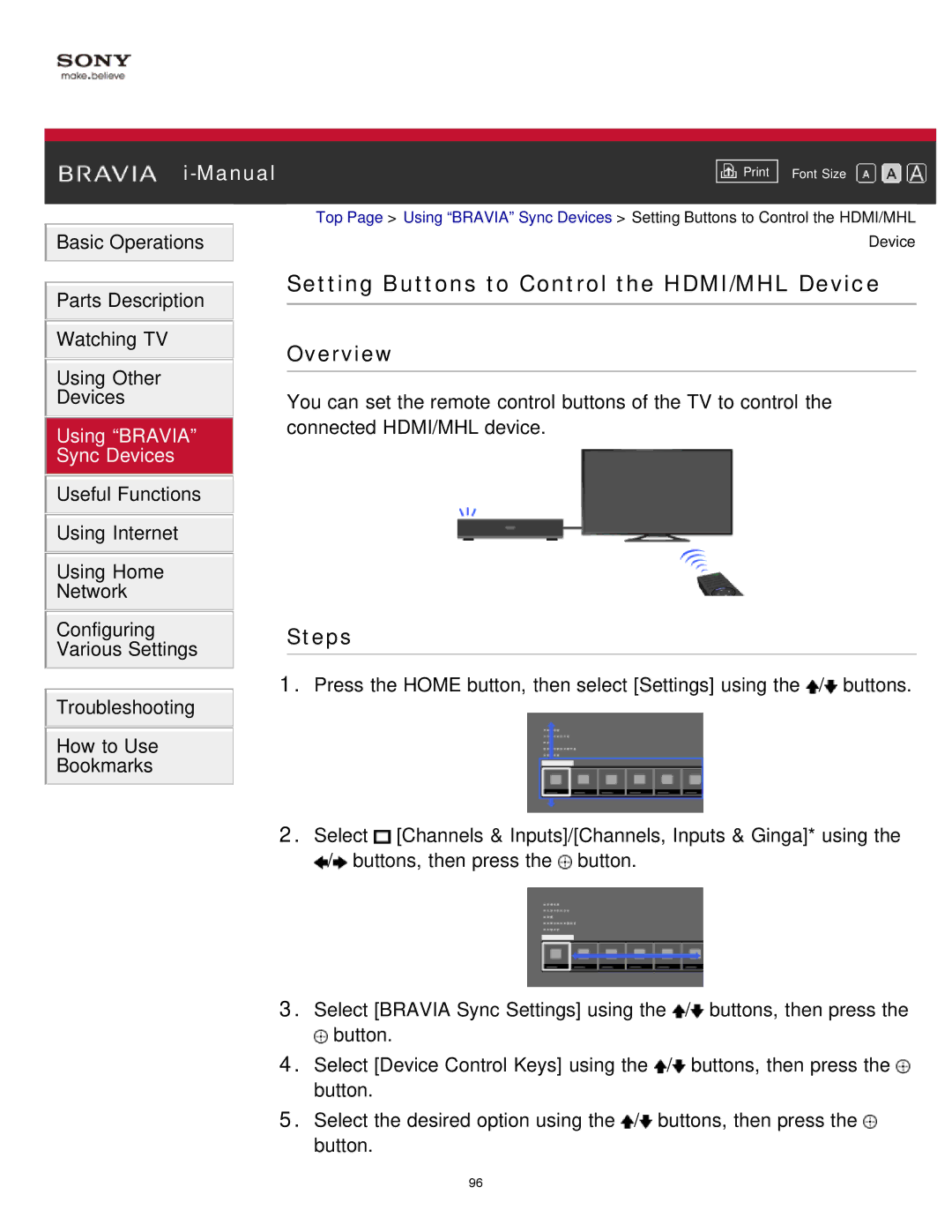 Sony KDL-65S990A manual Setting Buttons to Control the HDMI/MHL Device 