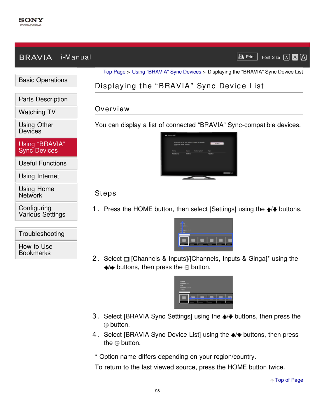 Sony KDL-65S990A manual Displaying the Bravia Sync Device List 