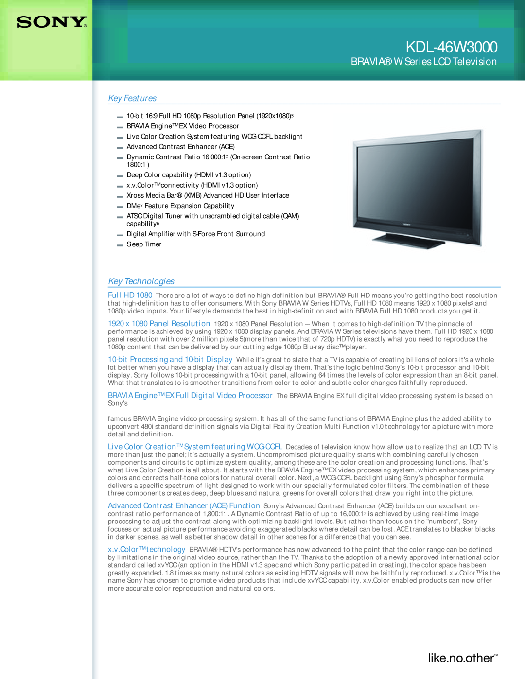 Sony KDL-W6W3000 manual KDL-46W3000, BRAVIAW Series LCD Television, Key Features, Key Technologies 