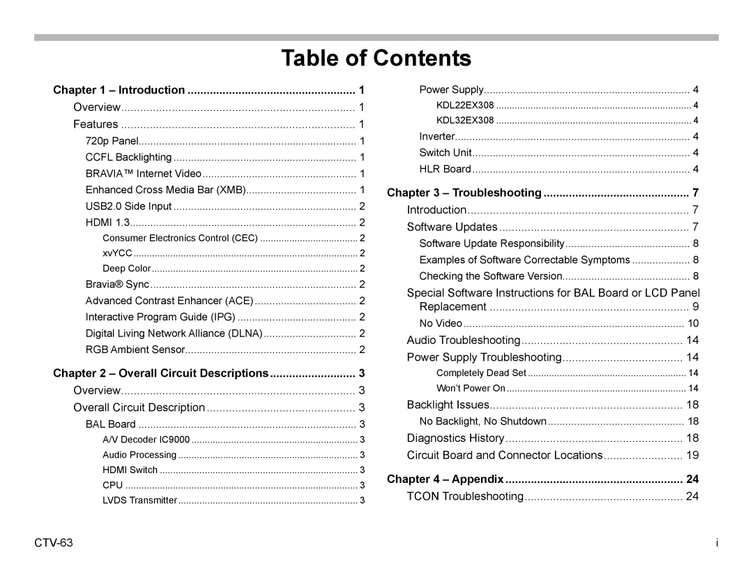 Sony KDL32EX308, KDL22EX308 manual Table of Contents 