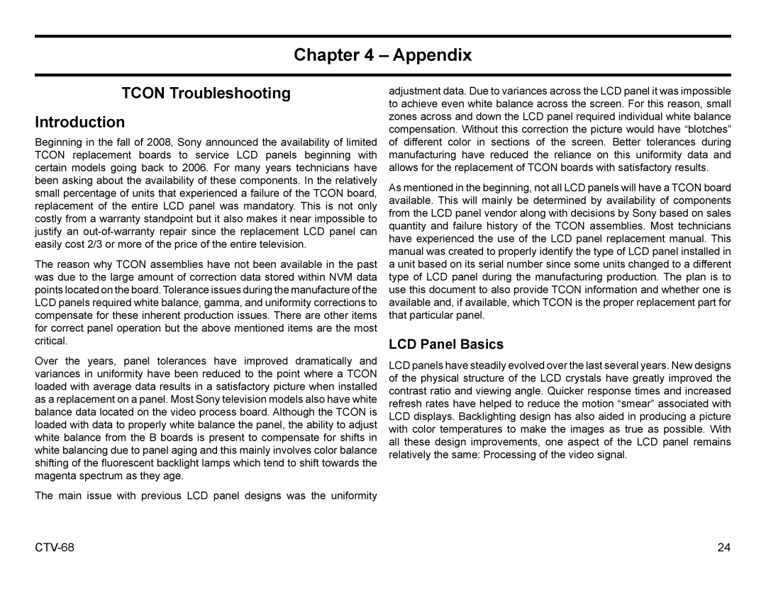 Sony KDL22EX308, KDL32EX308 manual Tcon Troubleshooting Introduction, LCD Panel Basics 