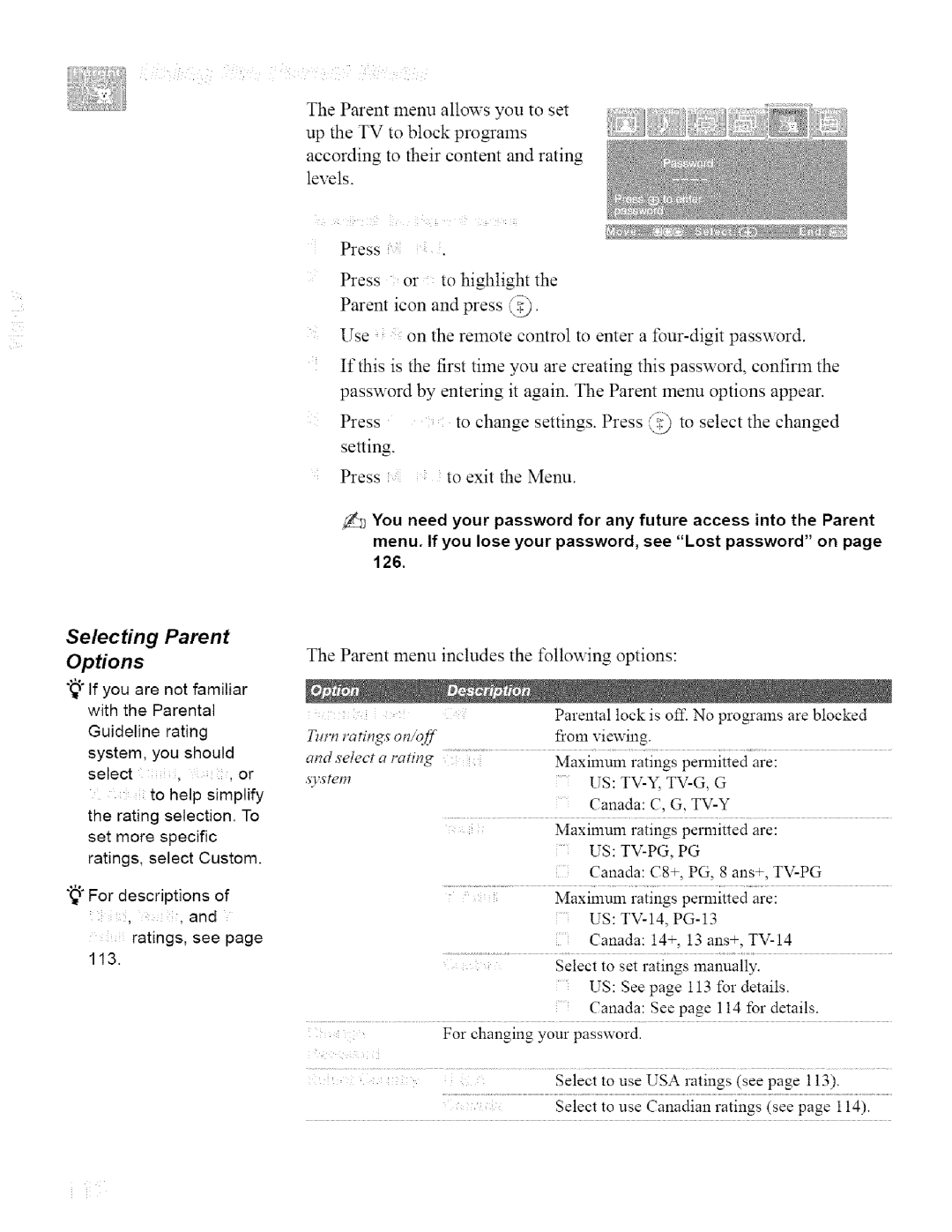 Sony KDL42XBR950, KDL32XBR950 operating instructions Selecting Parent Options, Us Tv-Y, Tv-G, Us Tv-Pg, Pg 