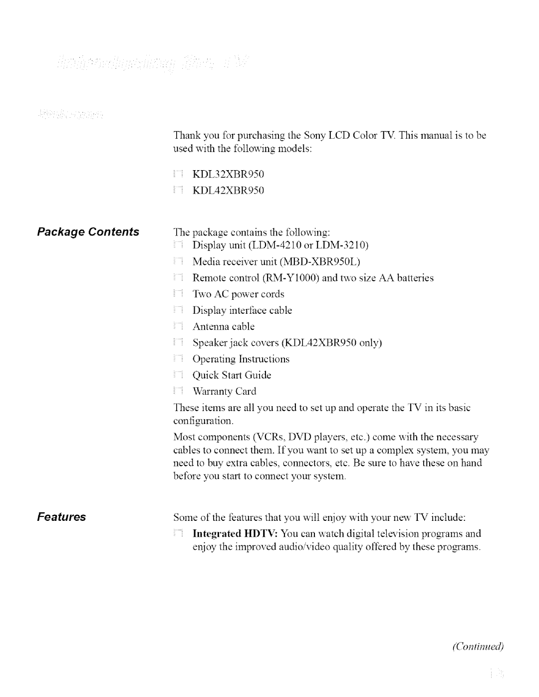 Sony KDL32XBR950, KDL42XBR950 operating instructions Package Contents, Features 