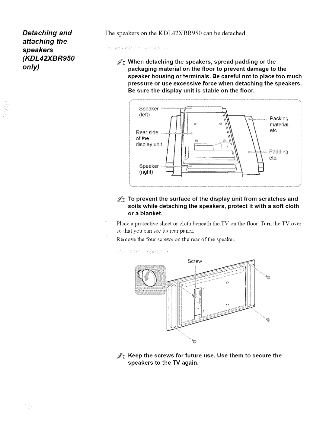 Sony KDL42XBR950, KDL32XBR950 operating instructions Detaching Attaching Speakers KDL 42XBR950, Screw 