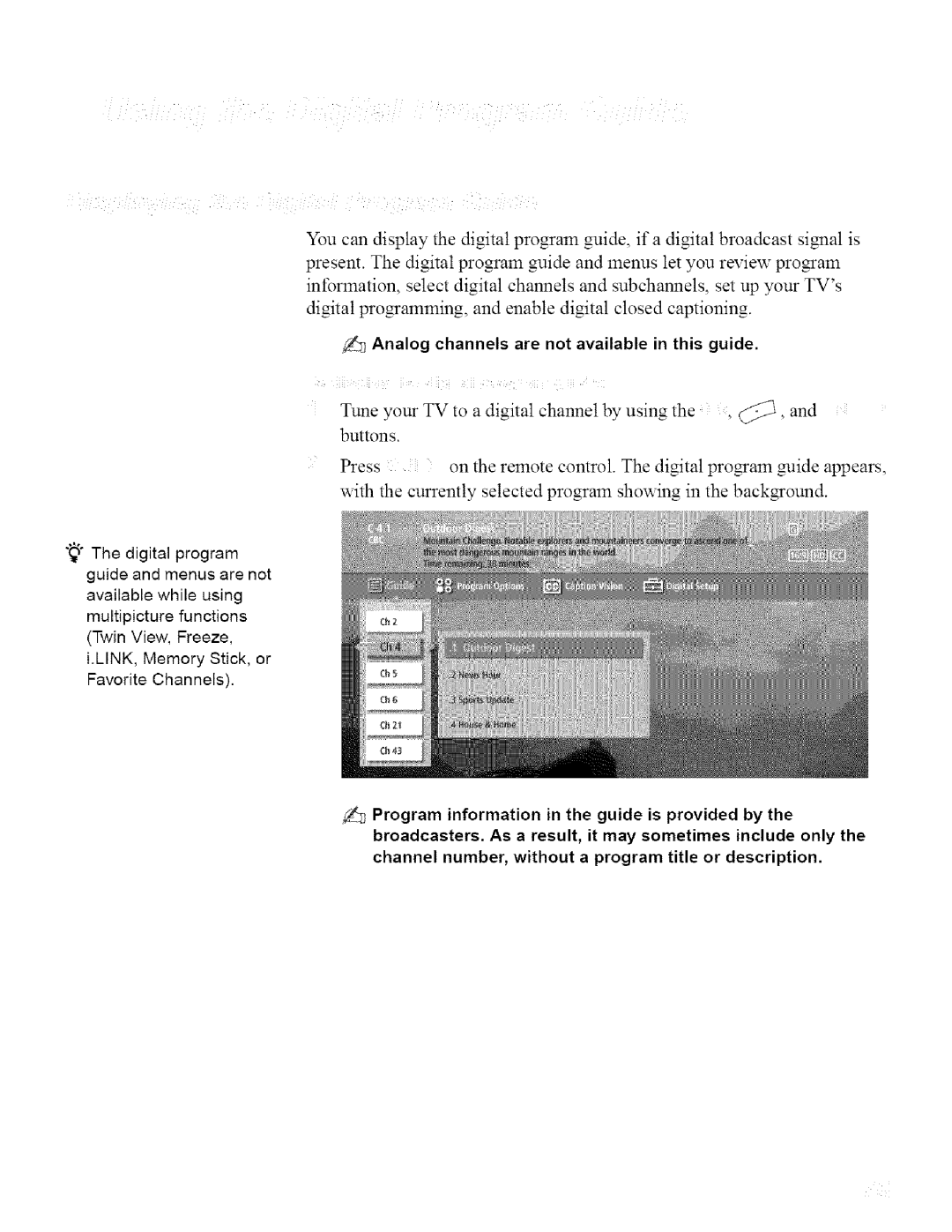 Sony KDL32XBR950, KDL42XBR950 operating instructions Analog channels are not available in this guide 