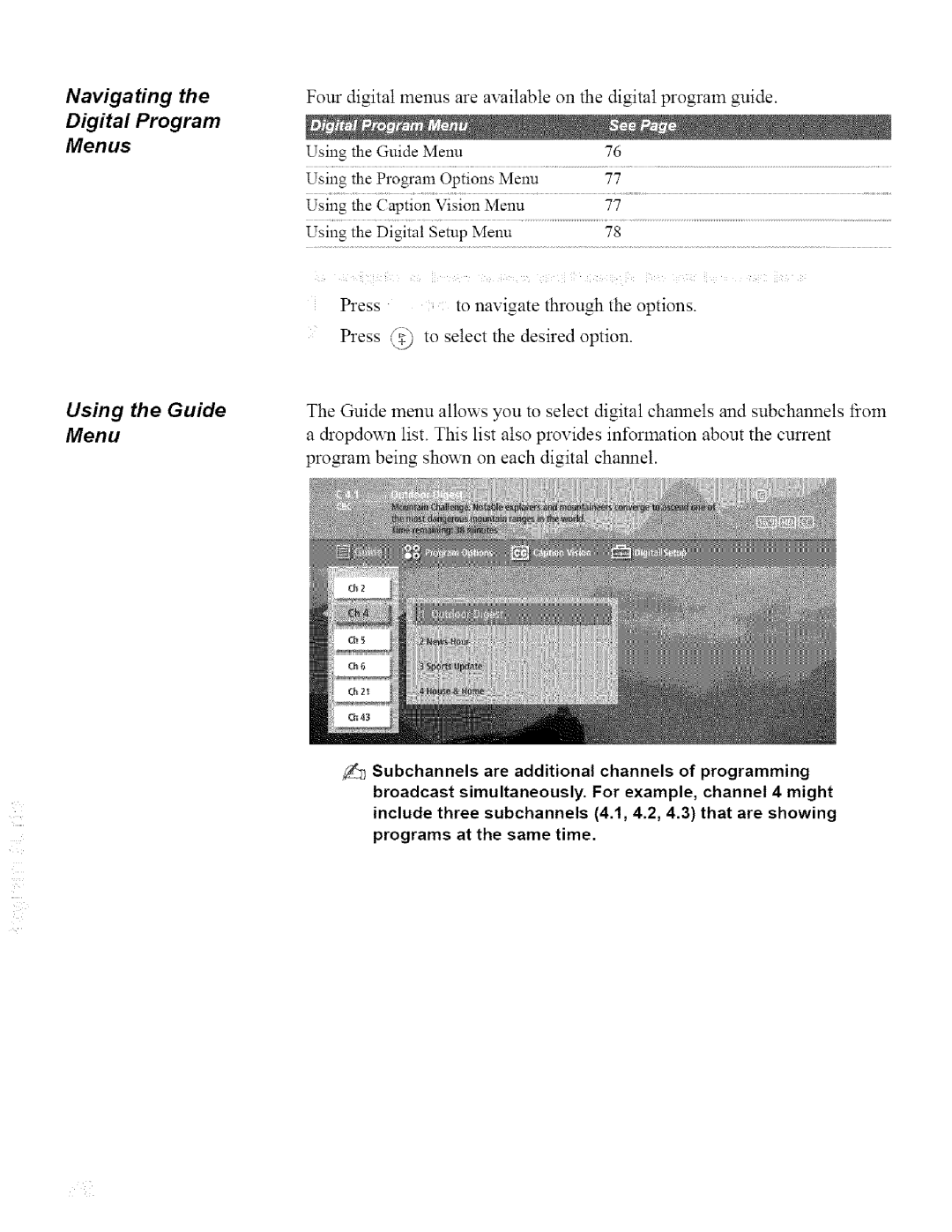 Sony KDL42XBR950, KDL32XBR950 operating instructions Navigating Digital Program Menus Using the Guide Menu 