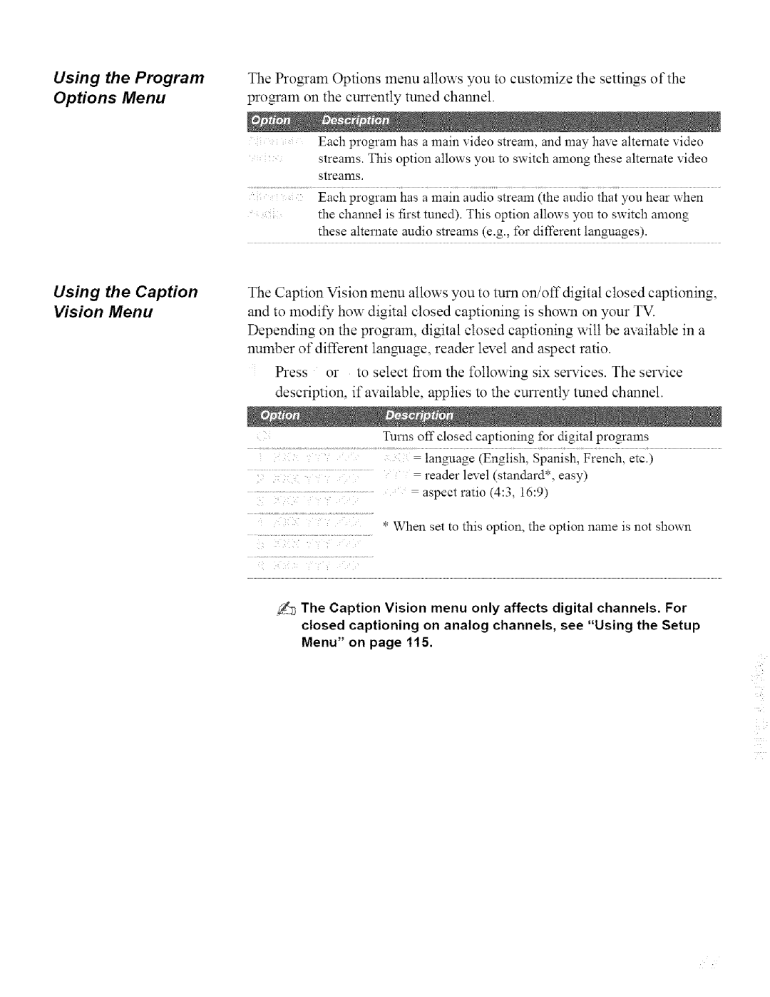 Sony KDL32XBR950, KDL42XBR950 operating instructions Using the Program Options Menu, Using the Caption Vision Menu 