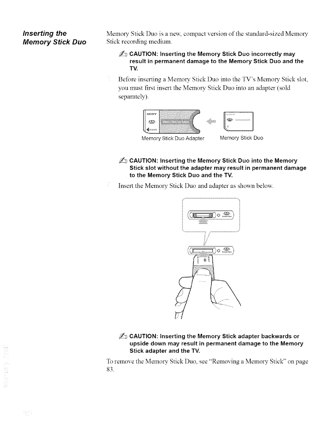 Sony KDL42XBR950, KDL32XBR950 operating instructions Inserting Memory Stick Duo, Memory Stick Duo Adapter 