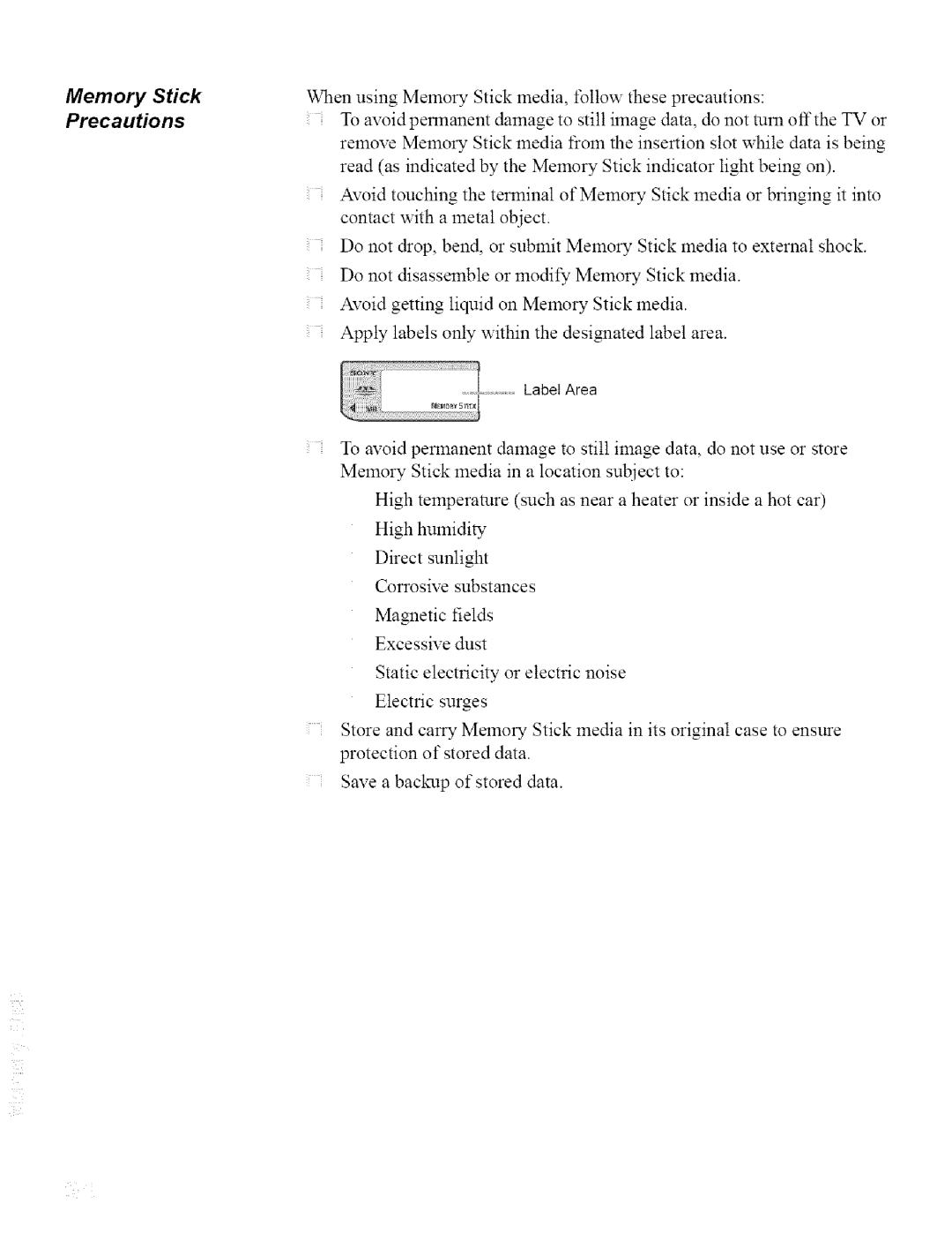 Sony KDL42XBR950, KDL32XBR950 operating instructions Memory Stick, Label Area 