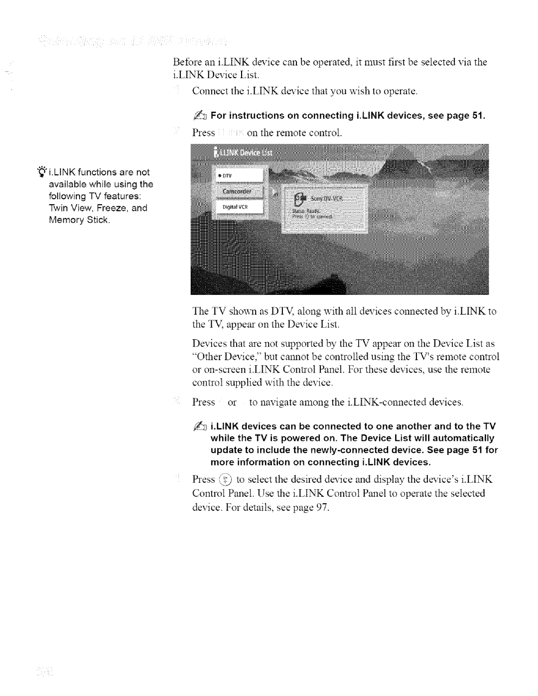 Sony KDL42XBR950, KDL32XBR950 operating instructions For instructions on connecting i.LINK devices, see 