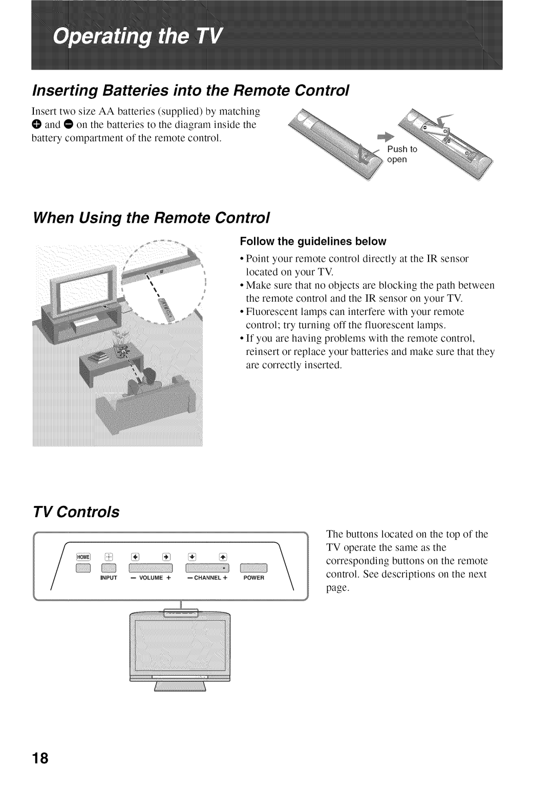 Sony KDL52V4100 Inserting Batteries into the Remote Control, When Using the Remote Control, TV Controls 