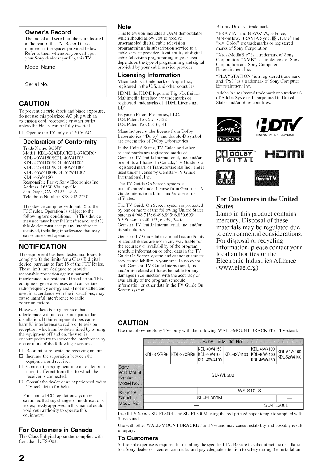 Sony KDL52V4100 Owners Record, Declaration of Conformity, Licensing Information, For Customers in Canada, To Customers 