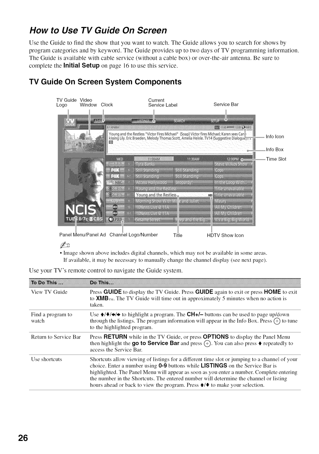 Sony KDL52V4100 How to Use TV Guide On Screen, Use your TVs remote control to navigate the Guide system 