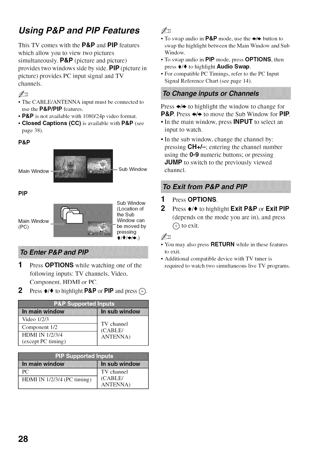 Sony KDL52V4100 operating instructions Using P&P and PIP Features, Press Options 