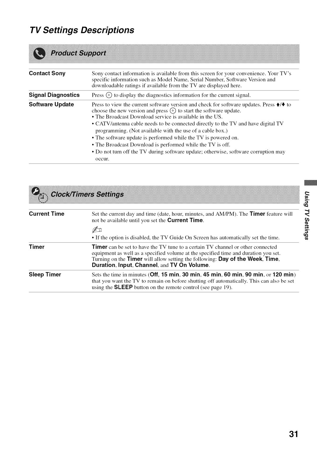 Sony KDL52V4100 operating instructions TV Settings Descriptions, Current Time Timer Sleep Timer 