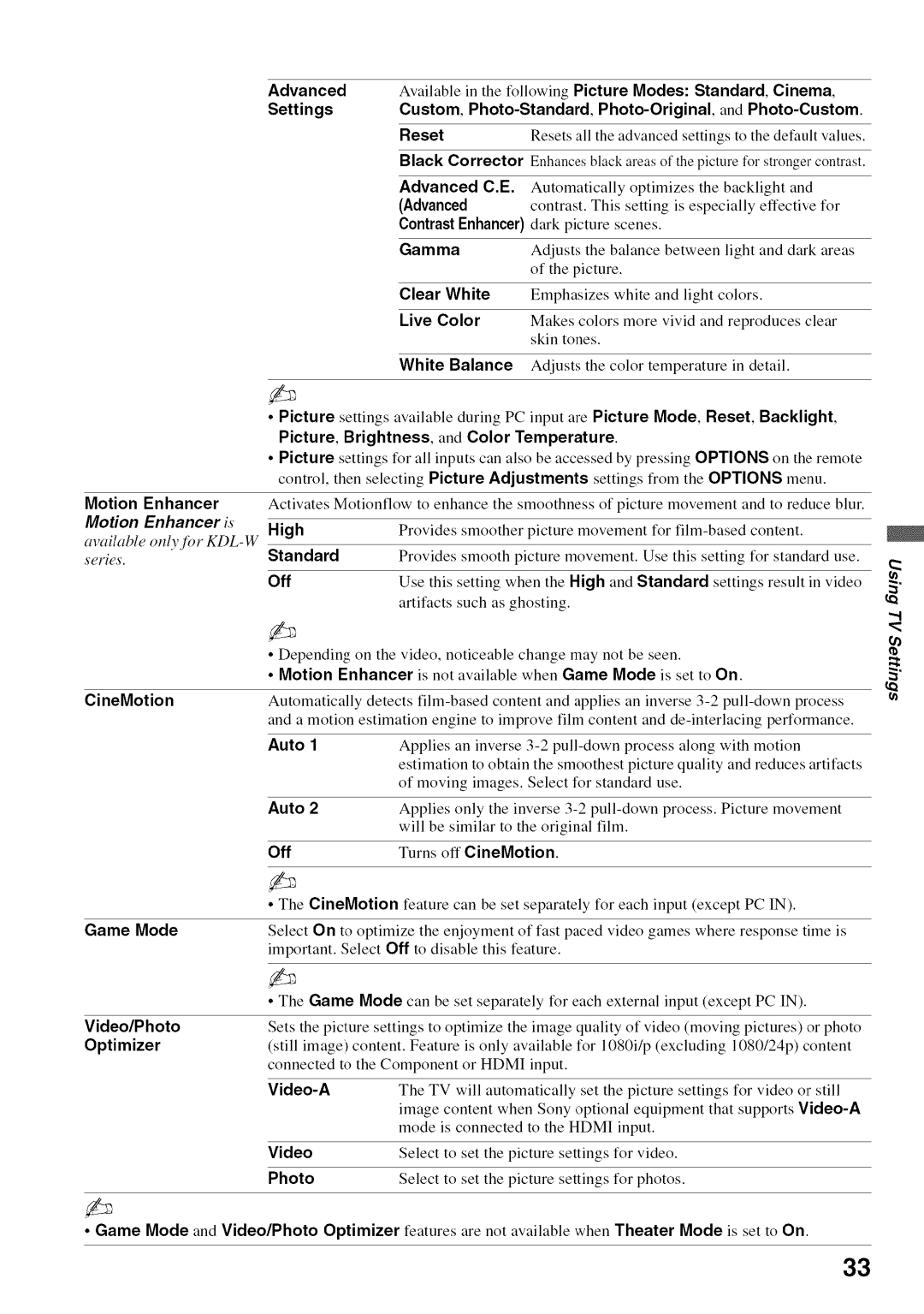 Sony KDL52V4100 operating instructions Motion Enhancer 