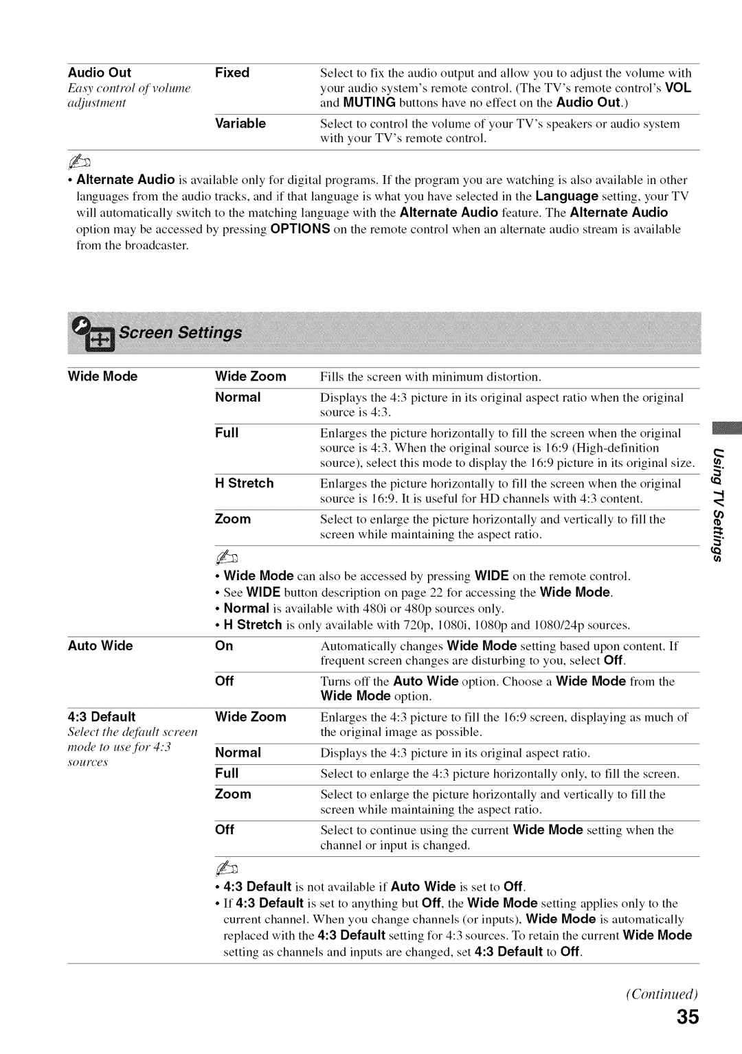 Sony KDL52V4100 operating instructions Audio Out Fixed, Muting, Variable, Wide Mode Auto Wide Default, Wide Mode option 