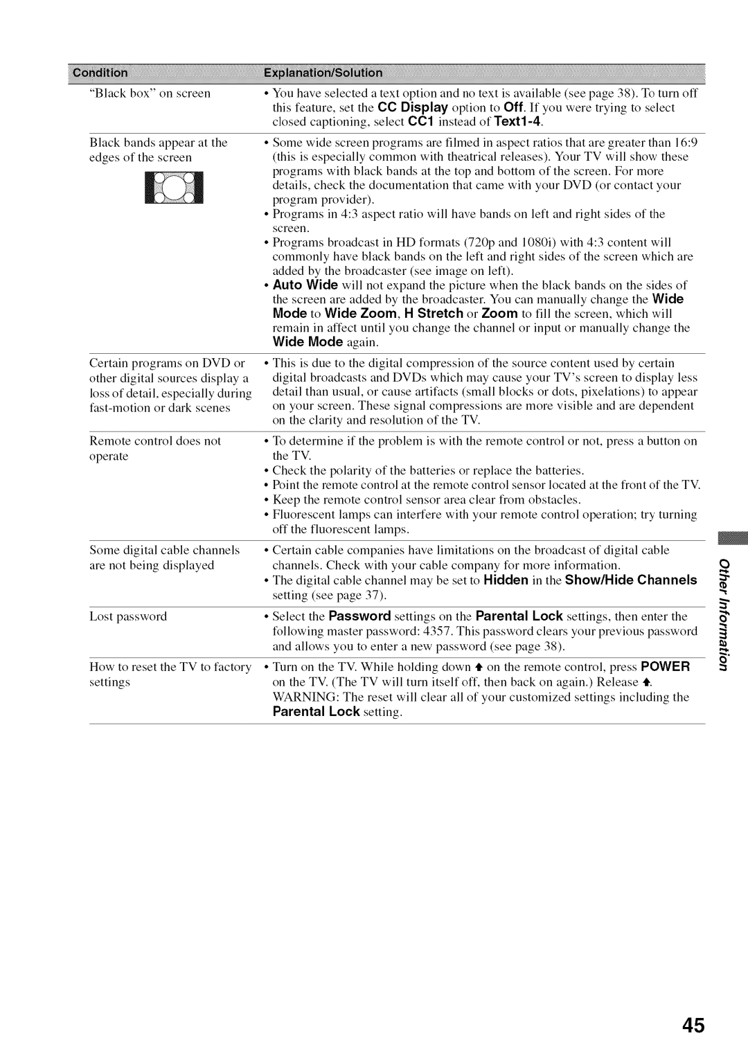 Sony KDL52V4100 operating instructions Wide Mode again, Parental Lock setting 