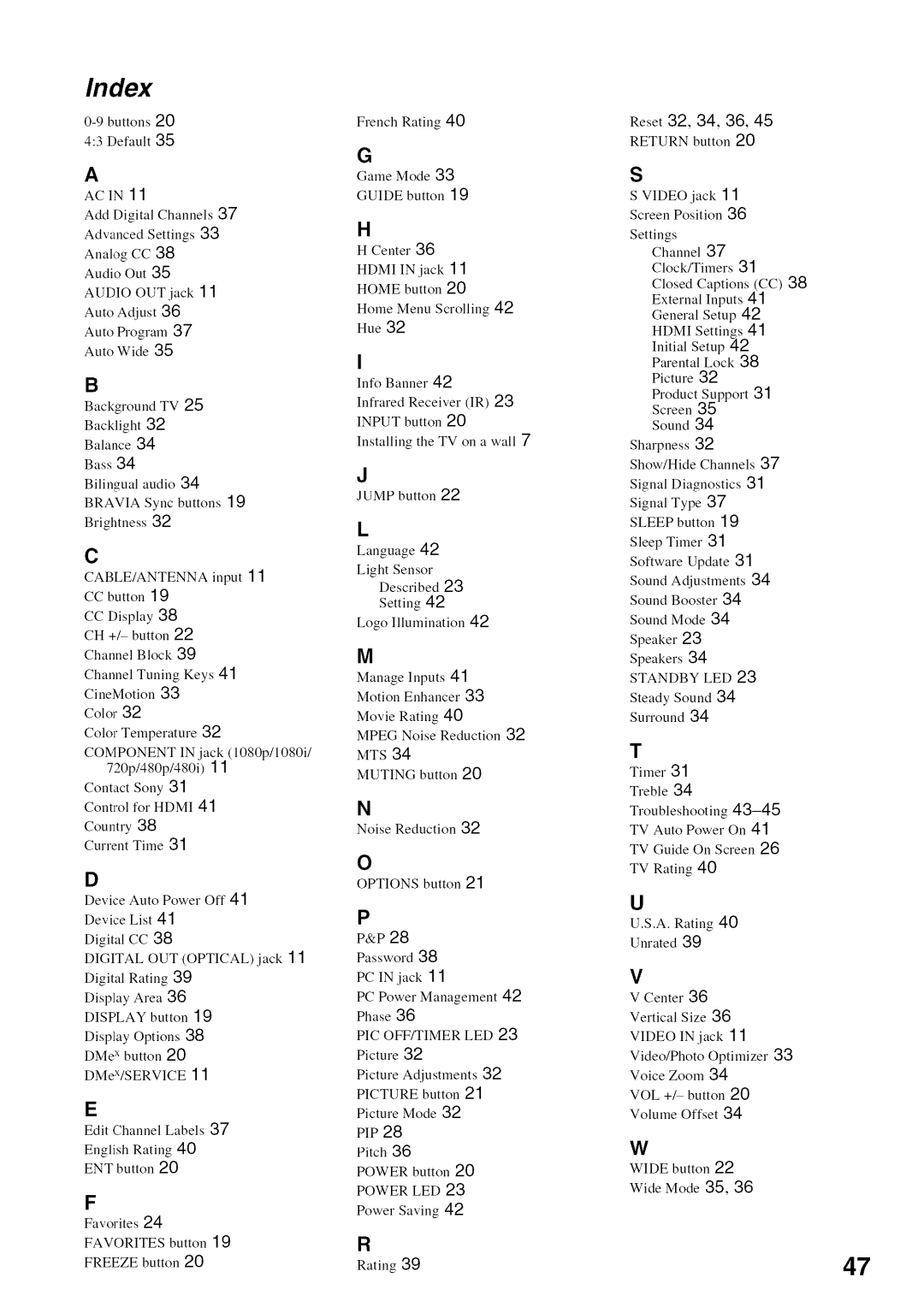 Sony KDL52V4100 operating instructions Index, Language42, Troubleshooting43-45 