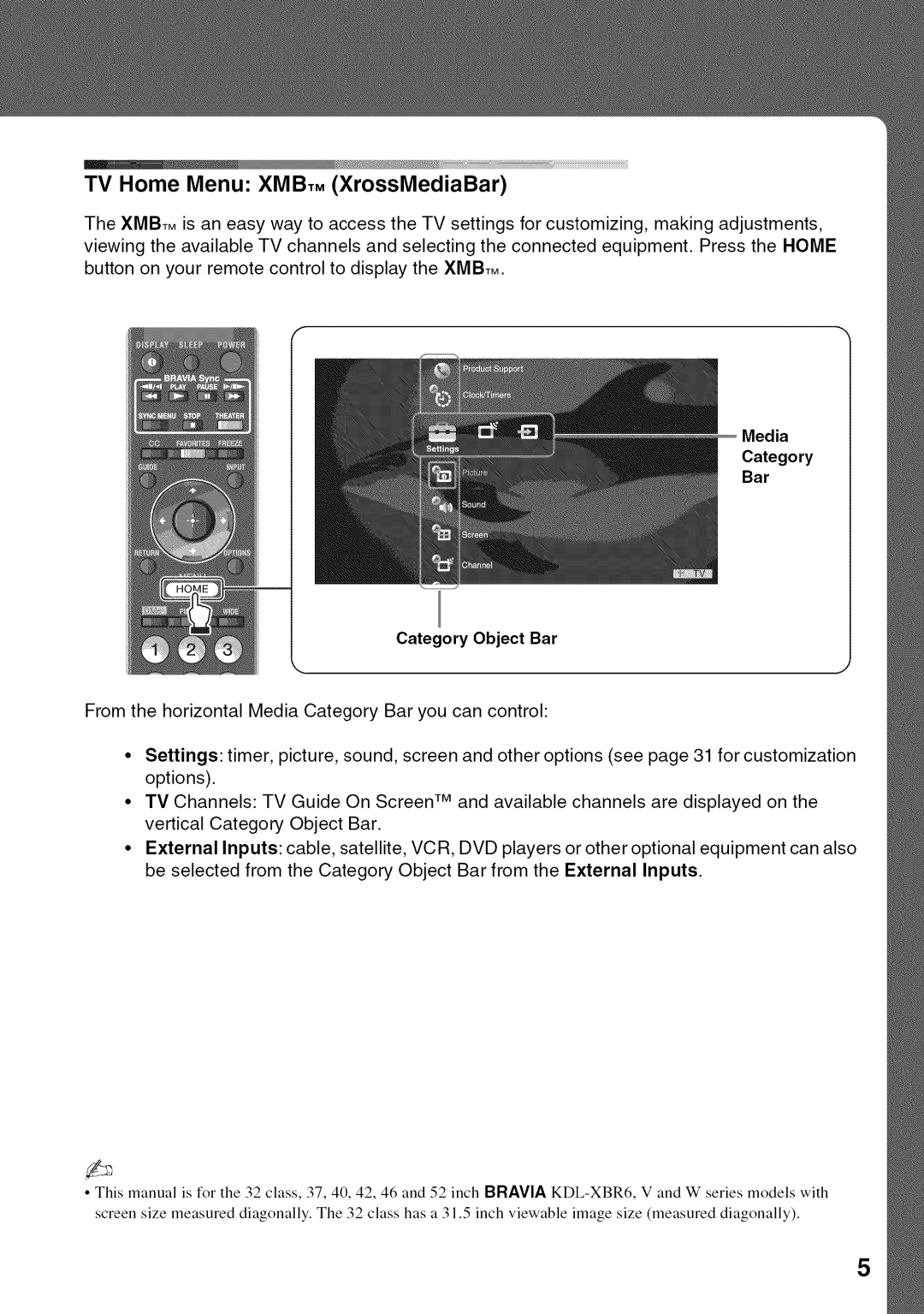 Sony KDL52V4100 operating instructions TV Home Menu Xmbtm XrossMediaBar, Category Bar Category Object Bar 