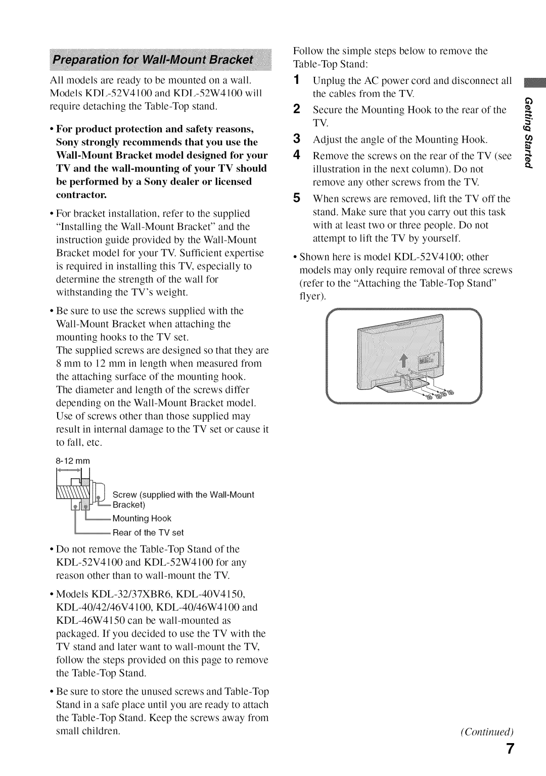 Sony KDL52V4100 operating instructions RequiredetachingtheTable-Topstand 